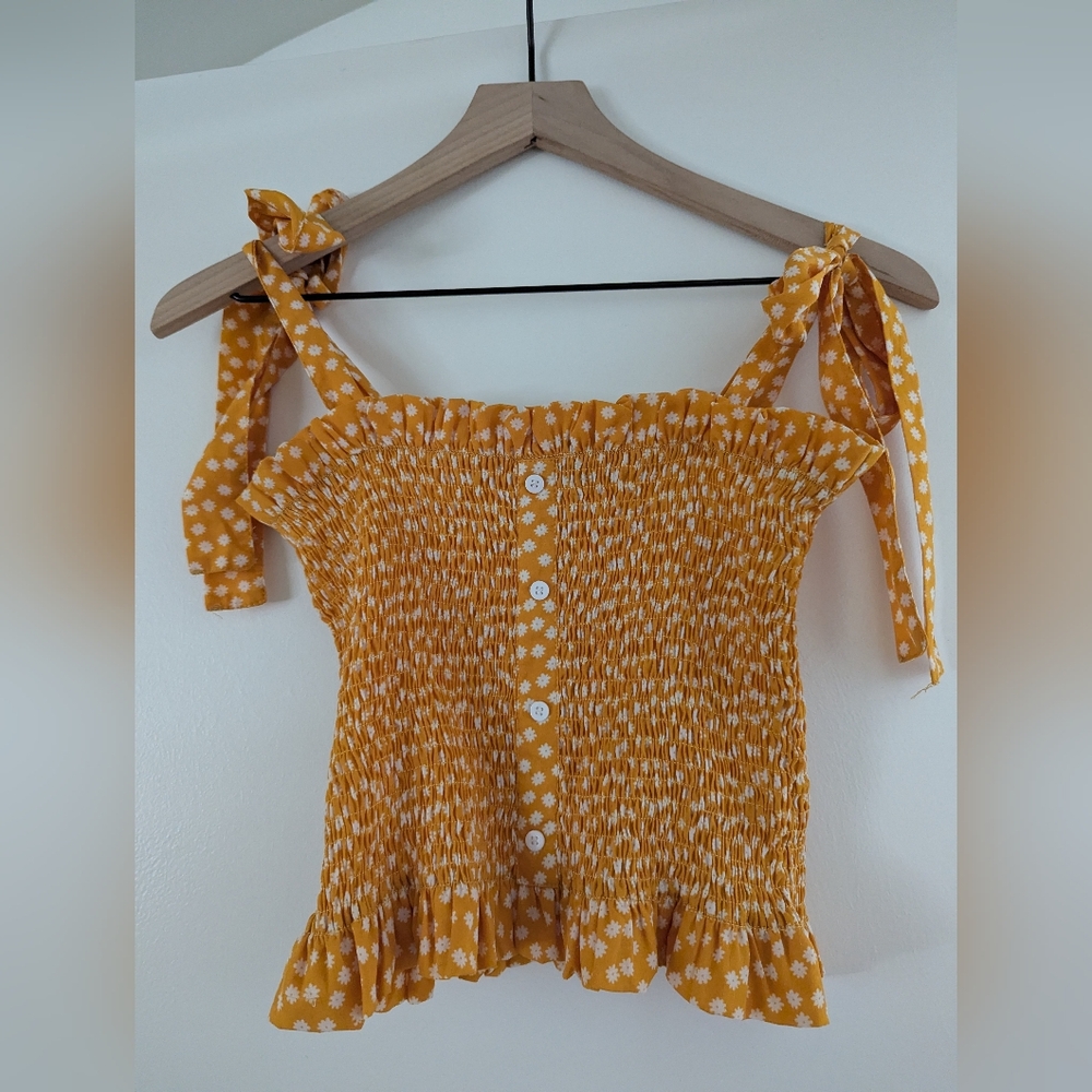 Nasty Gal Yellow Top Crop Large Shoulder Ties Flowers